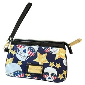 Betsey Johnson Wristlet Skulls Stars Stripes Zip Top Clutch‎ Whimsigoth Moto